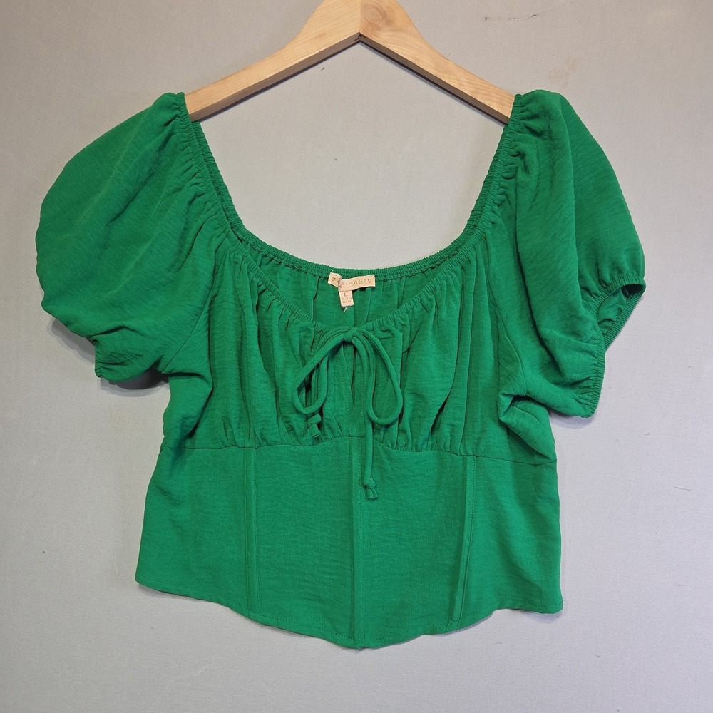 Evolutionary Women's Green Puff Sleeve Corset‎ Peasant Top Size L Tie Front